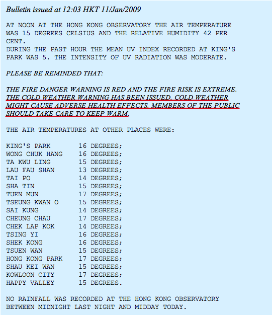 Cold Weather Warning Hong Kong
